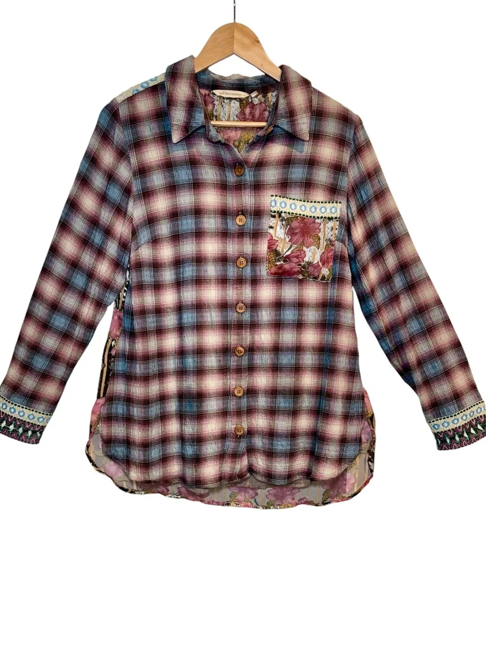 Soft Surroundings Velvet Burnout Floral Plaid Shirt Small
